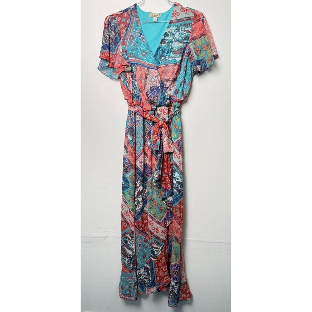 One World Paisley Patchwork Faux Wrap Maxi Dress Rhinestone Flutter Medium